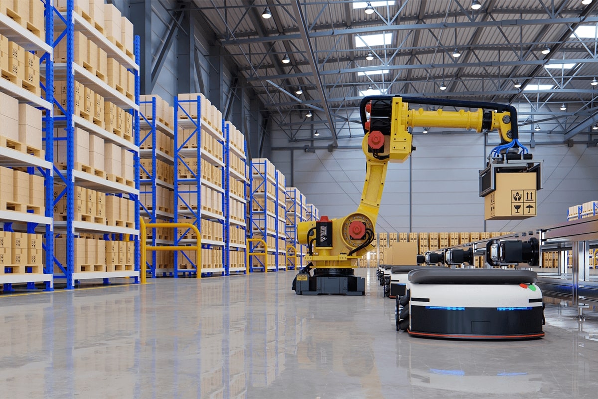 Factory Automation with AGV and robotic arm in transportation to